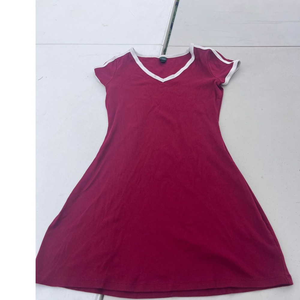 Wild Fable Burgundy Red V-Neck Ringer Mini Dress White Trim Short Sleeve Small
